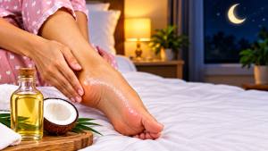 Woman applying coconut oil to feet before bedtime for natural foot care